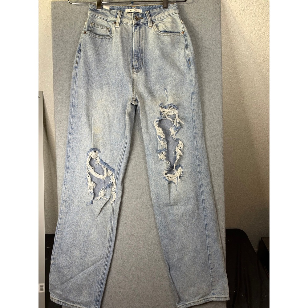 PacSun High Waisted Baggy Distressed Jeans Light Wash Blue Denim 24 Wide Leg